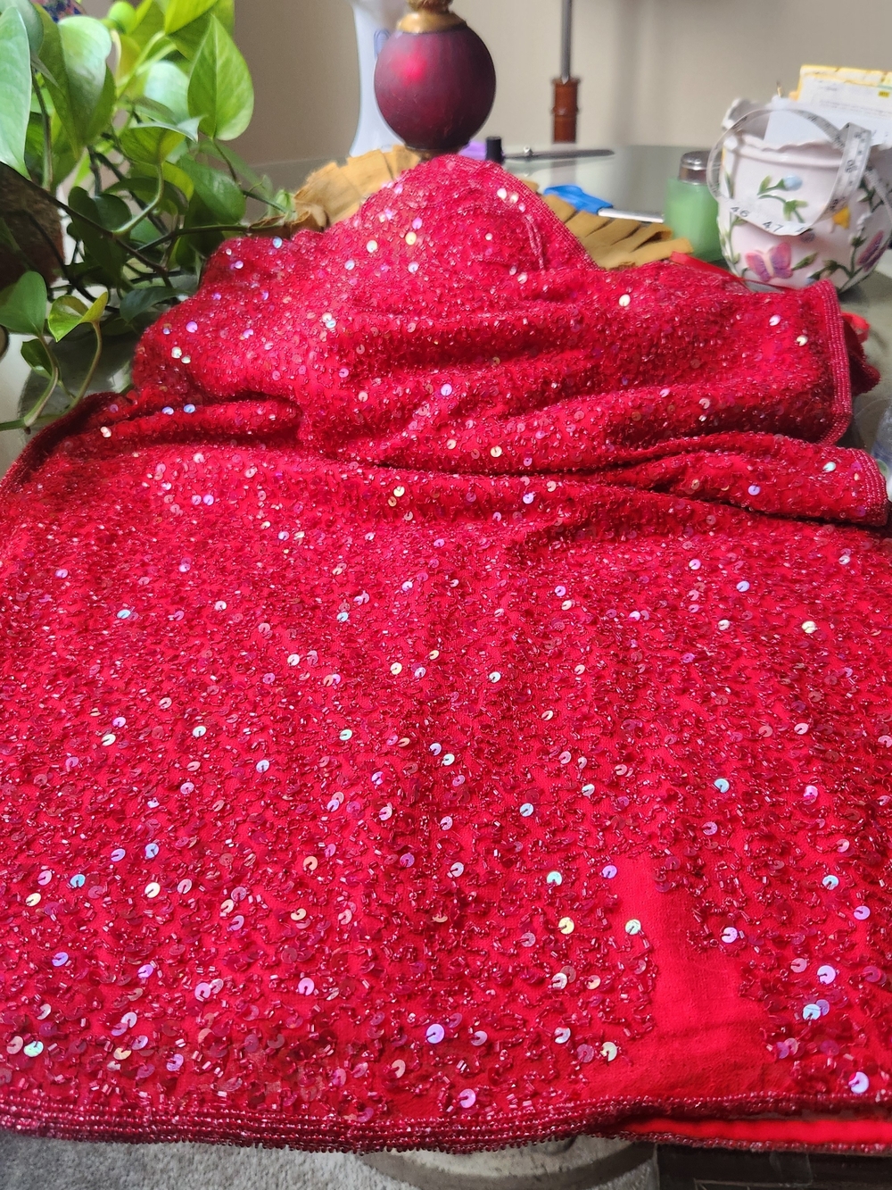 Vintage 1990s Scala Red Silk Beaded Sequin Fringe Maxi Gown Made in India M - Picture 11 of 15